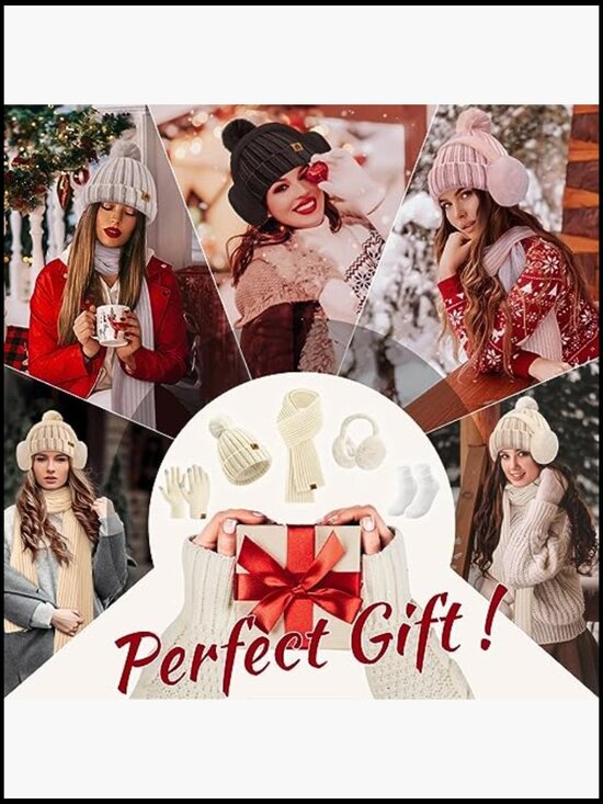 5 Piece Winter Beanie Hat Scarf Gloves Ear Muffs Fuzzy Socks Set Women